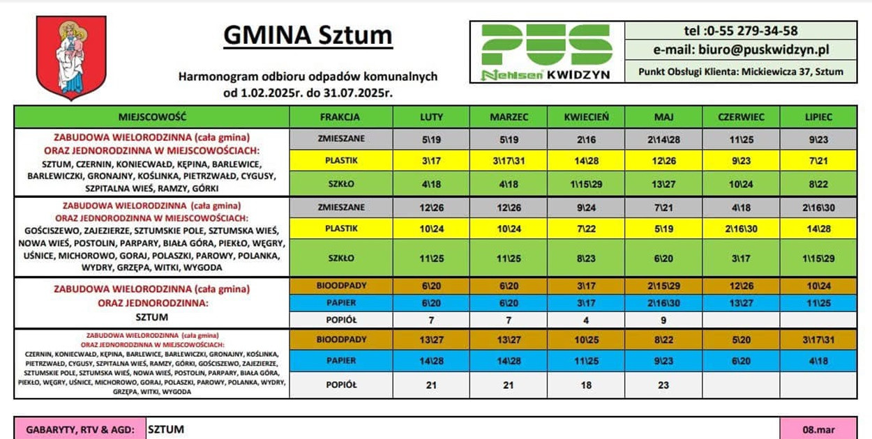 Sztum. Nowy harmonogram odbioru odpadów komunalnych