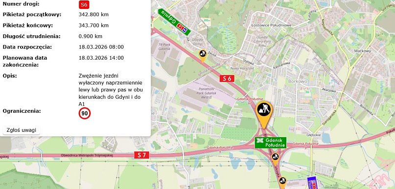 Utrudnienia na Obwodnicy Trójmiasta. Prace drogowe w rejonie węzła Gdańsk Południe