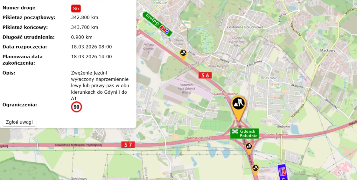Utrudnienia na Obwodnicy Trójmiasta. Prace drogowe w rejonie węzła Gdańsk Południe
